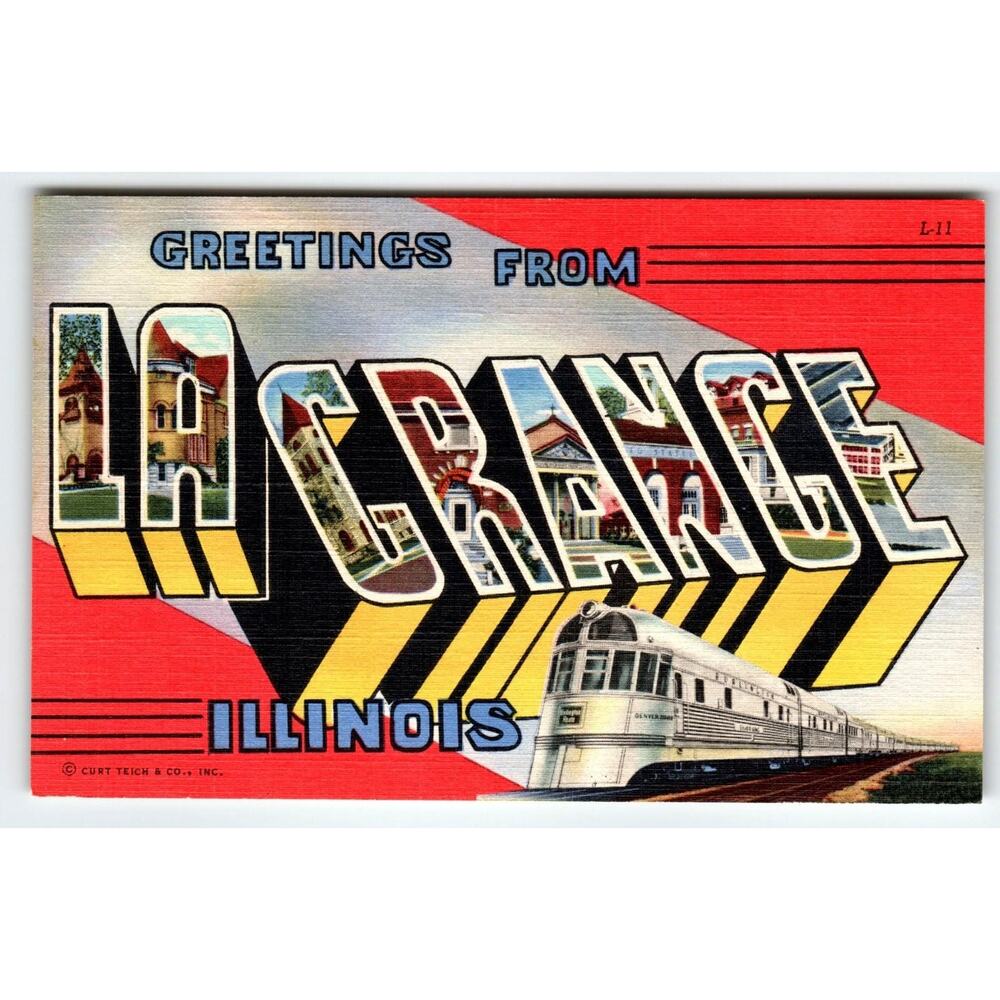 Greetings From La Grange Illinois Large Big Letter Linen Postcard Railroad Train